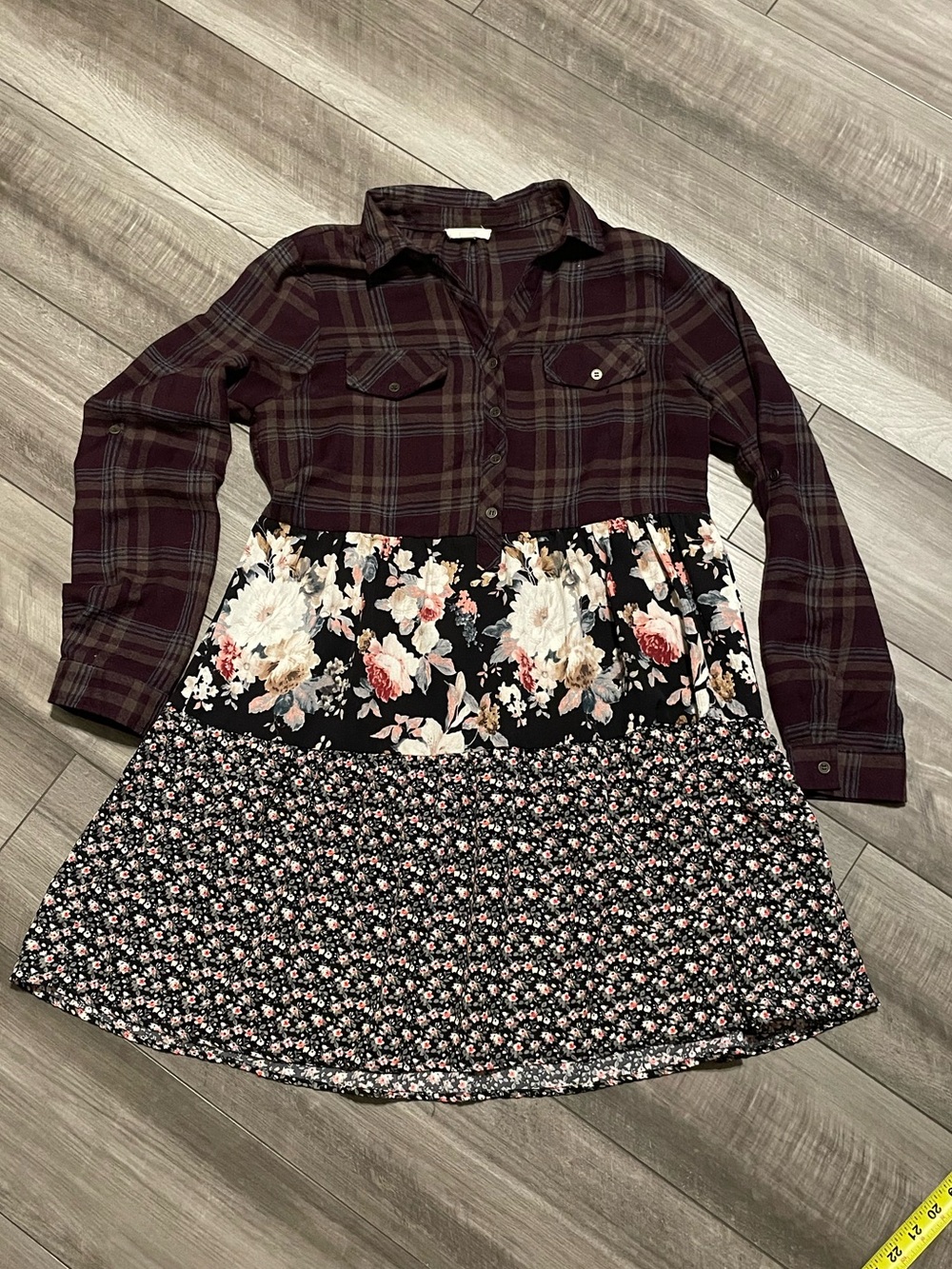 Burgundy Plaid & Floral knee length tiered dress